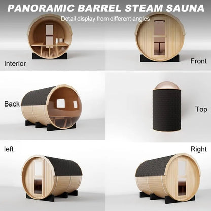 Outdoor Panoramic Barrel Sauna Room, 4-6 Person Hemlock Wood Design with 220V 6KW Electric Heater and Full Accessories Ai-TechWorld 