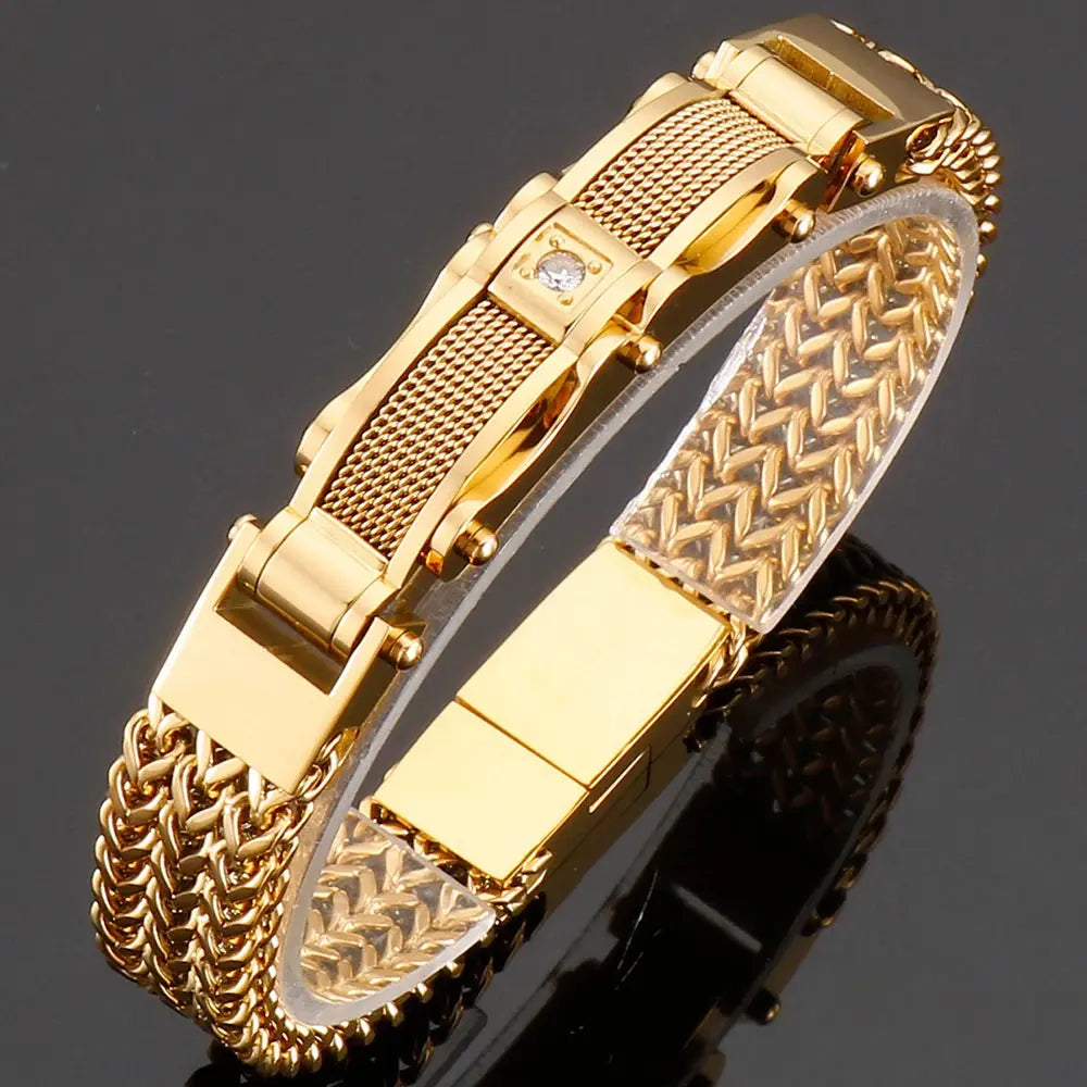 Luxury Bracelet for Men Gold 12MM Wide Stainless Steel Square Wrist Bracelets Ai-TechWorld 