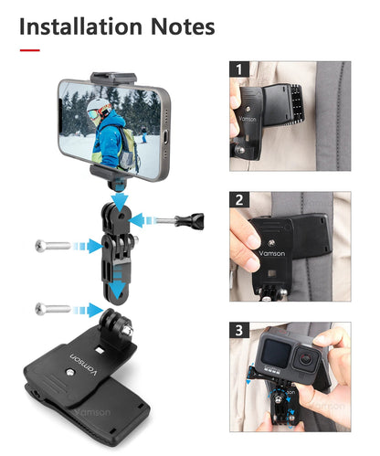 Vamson Backpack Clip for Insta360 x3 for GoPro Hero 11 10 9 Camera 360° Rotate Shoulder Belt Mount Accessories for Dji Action Ai-TechWorld 