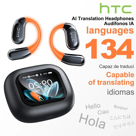 HTC NE27 Wireless Headphones AI Translator Earbuds OWS Sports Bluetooth Earphones Glowing Earhook Customizable Wallpaper Screen Ai-TechWorld 