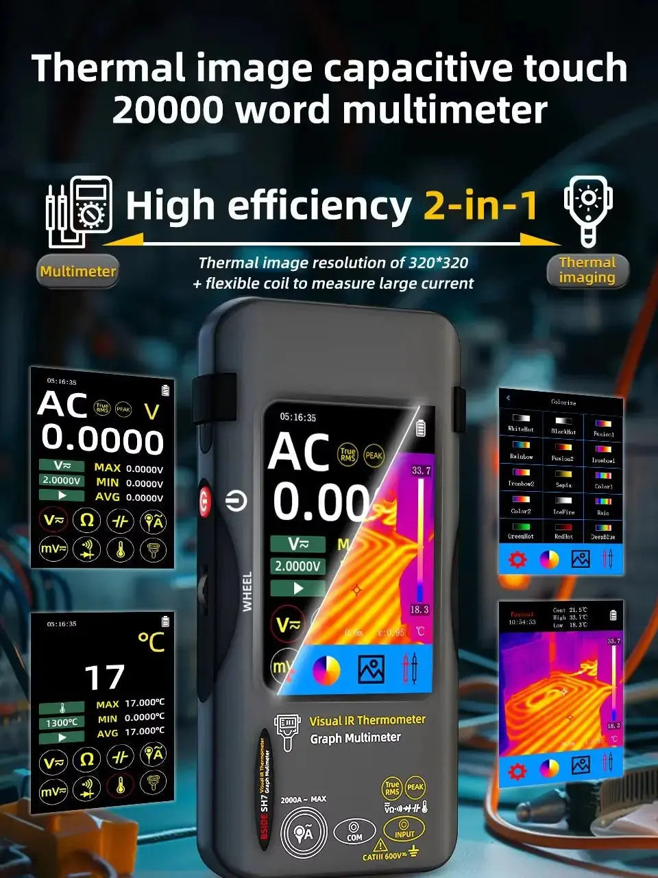 BSIDE SH7 Touch Thermal Imaging Multimeter with IR Camera,320*320 Resolution 20000 counts High Accuracy Voltage Test Pro Ai-TechWorld 