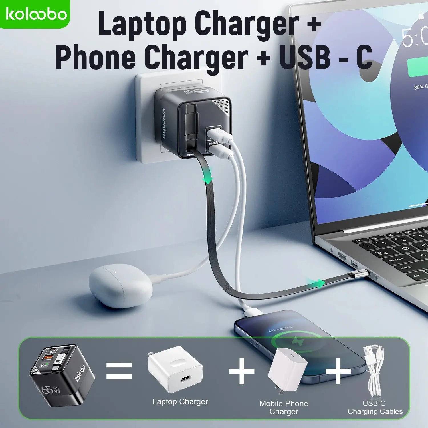 65W GaN Fast Charger Three-Port Charging Head Built-in 80cm Retractable TypeC Cable for iPhone16 15 14 13 Promax Xiaomi Samsung Ai-TechWorld 