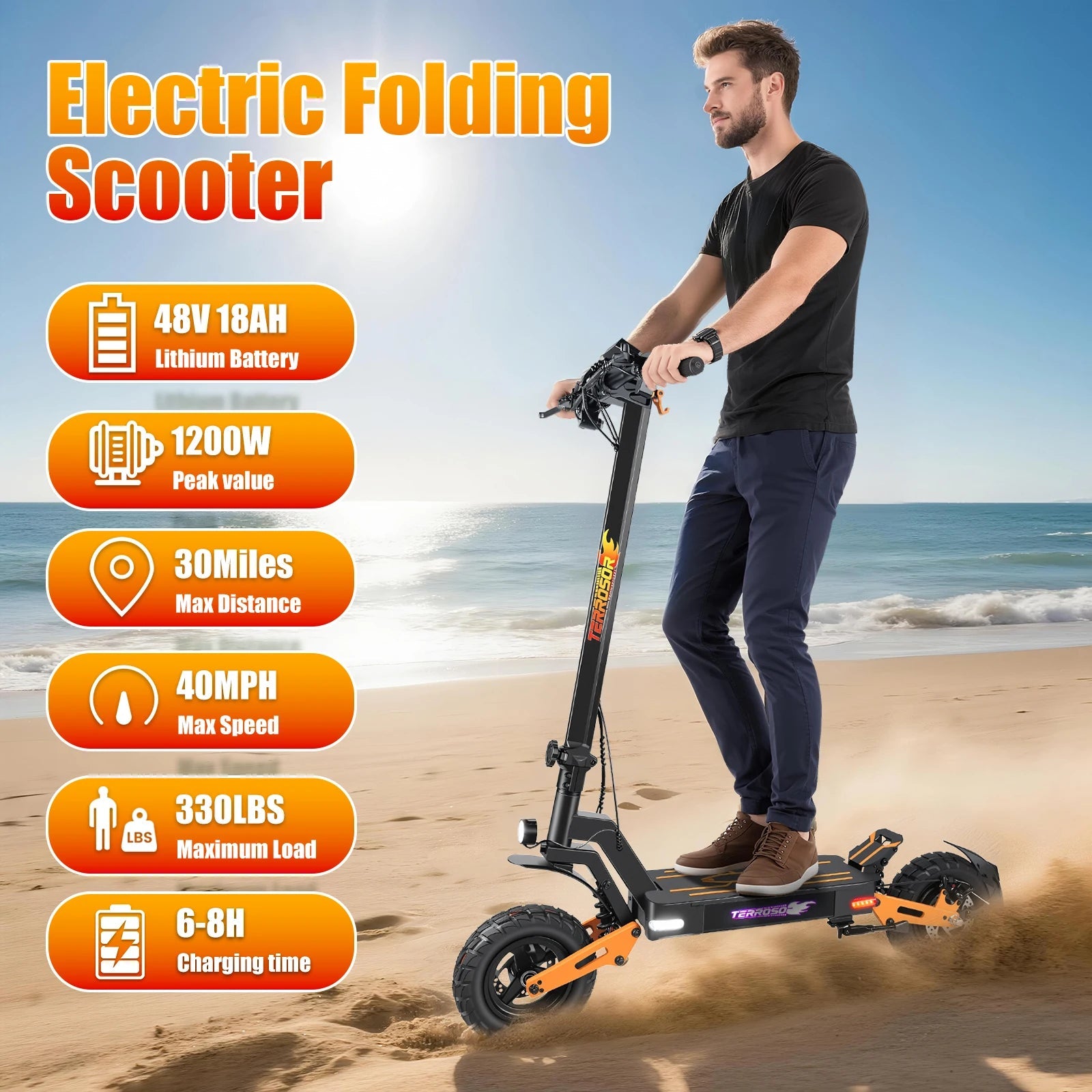 1200W Peak Motor Fold Adult Electric Scooter 48V 18AH 40MPH 11-inch off-roadTires Front and Rear Disc Brakes and Shock Absorbers Ai-TechWorld 