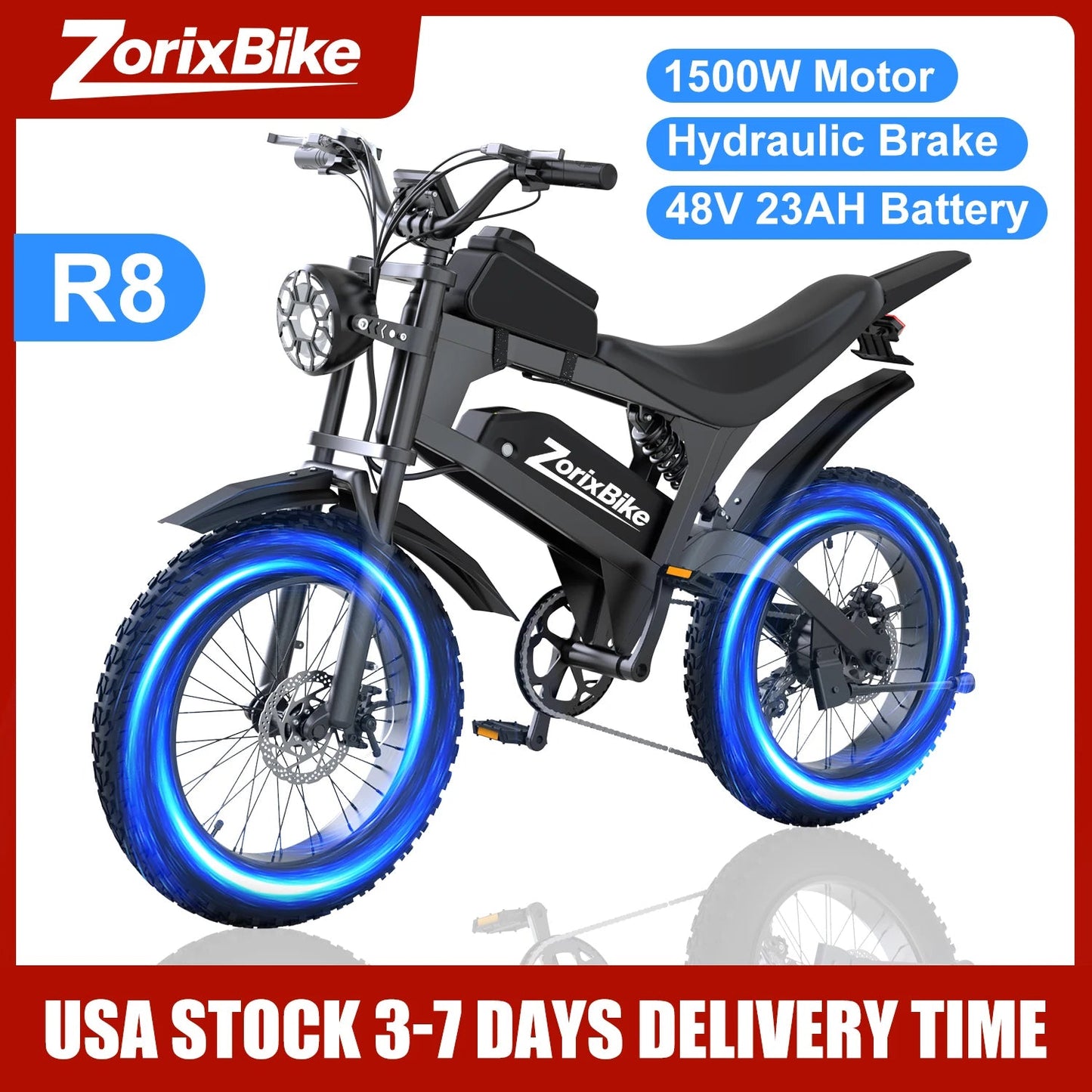 ZorixBike R8 Pro Electric Off-Road Bike 20x4" 3000W 35Mph 80Mile 48V 23Ah,7 Speed Wide Tire All Terrain E-Bike For Adult Ai-TechWorld 