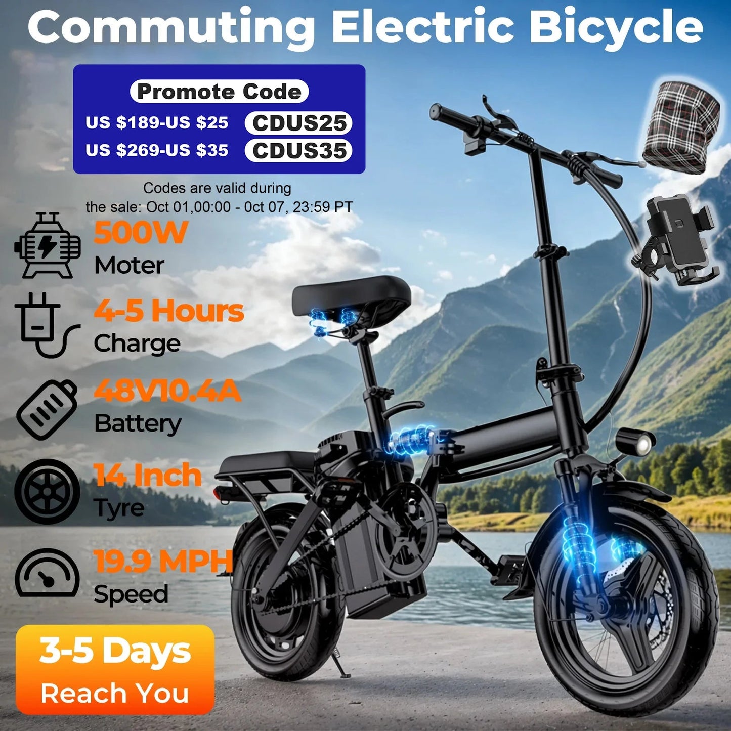 14-inch electric bike, easy to fold, adult commuter electric bike, 500W motor, removable battery, 20-mile maximum range Ai-TechWorld 