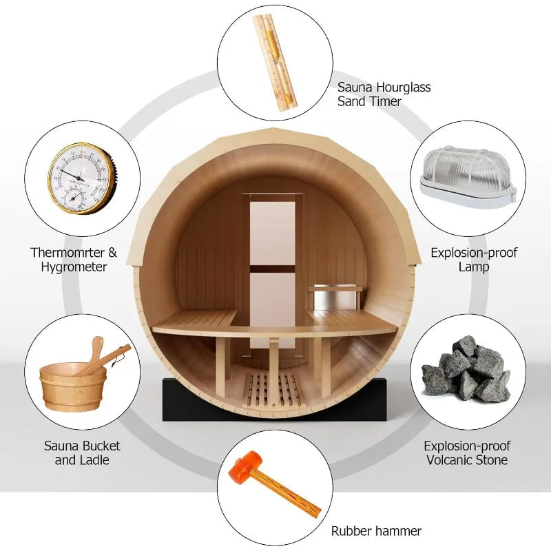 Outdoor Panoramic Barrel Sauna Room, 4-6 Person Hemlock Wood Design with 220V 6KW Electric Heater and Full Accessories Ai-TechWorld 