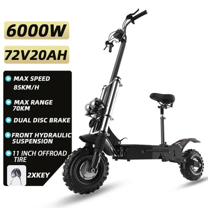 48-72V Electric Scooter for Adults 90KM/H 10-11''Tubeless Off Road Tire Hydraulic / SpringSuspension Foldable Escooter with Seat Ai-TechWorld 