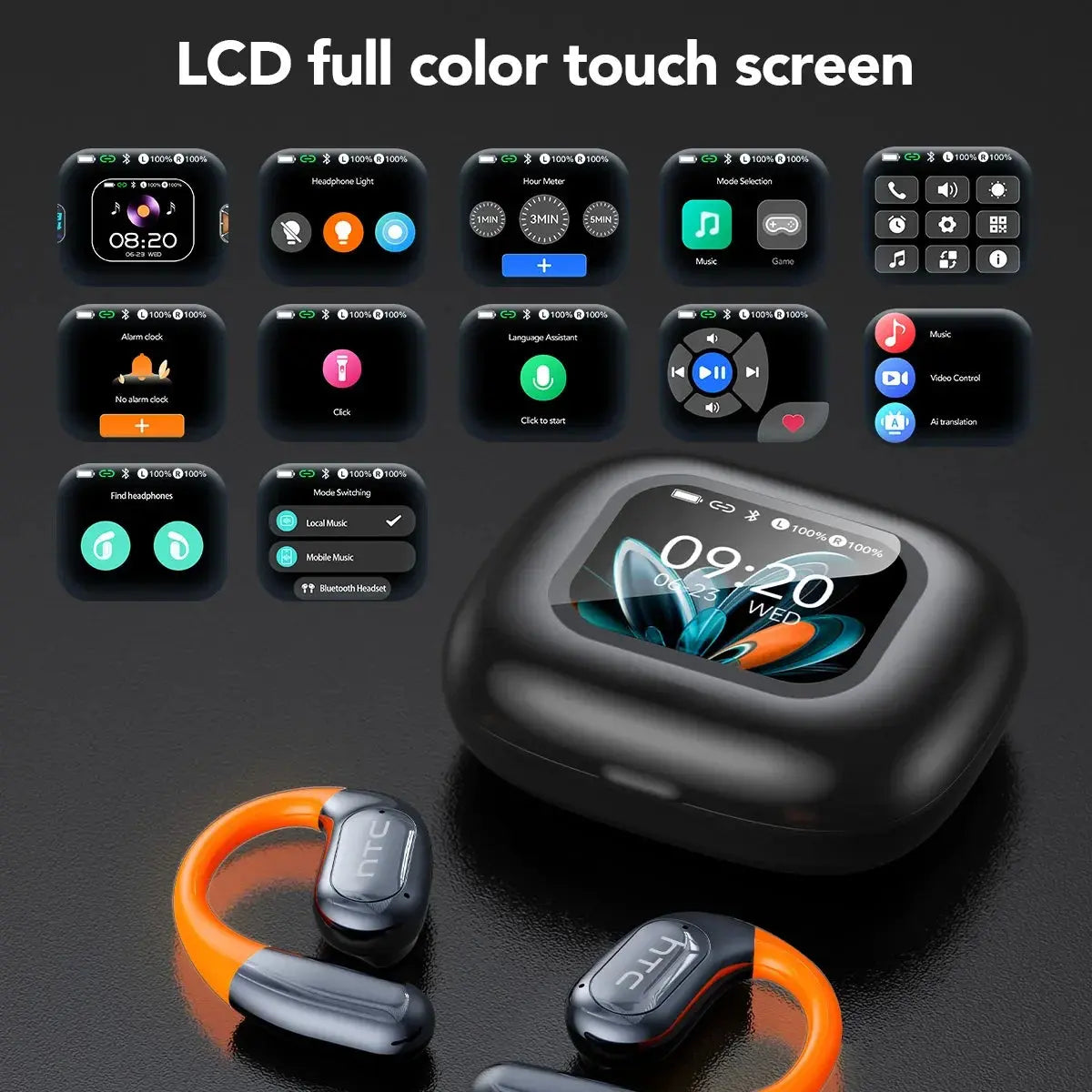 HTC NE27 Wireless Headphones AI Translator Earbuds OWS Sports Bluetooth Earphones Glowing Earhook Customizable Wallpaper Screen Ai-TechWorld 