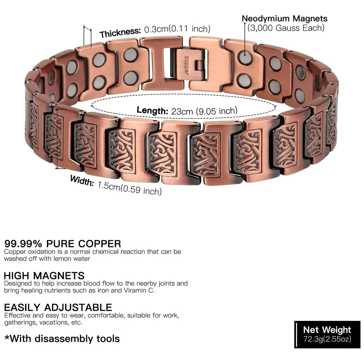 ARADOO Copper Bracelet for Men 100% Pure Copper Magnetic Link Bracelets Jewelry Gift with Adjustable Sizing Tool Ai-TechWorld 