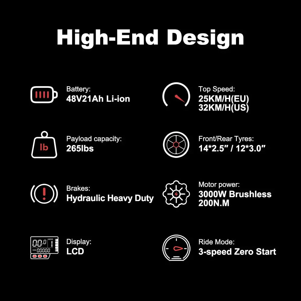 Electric Motocross Bike 3000W, 28Mph, 50 Miles, Urban Commuting Off-Road Electric Bike, 14" 48V 21AH, Full Suspension Ai-TechWorld 