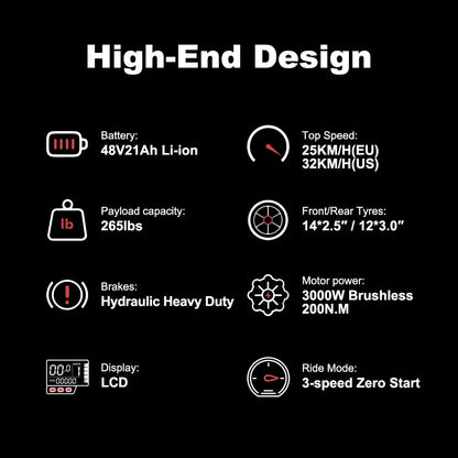 Electric Motocross Bike 3000W, 28Mph, 50 Miles, Urban Commuting Off-Road Electric Bike, 14" 48V 21AH, Full Suspension Ai-TechWorld 