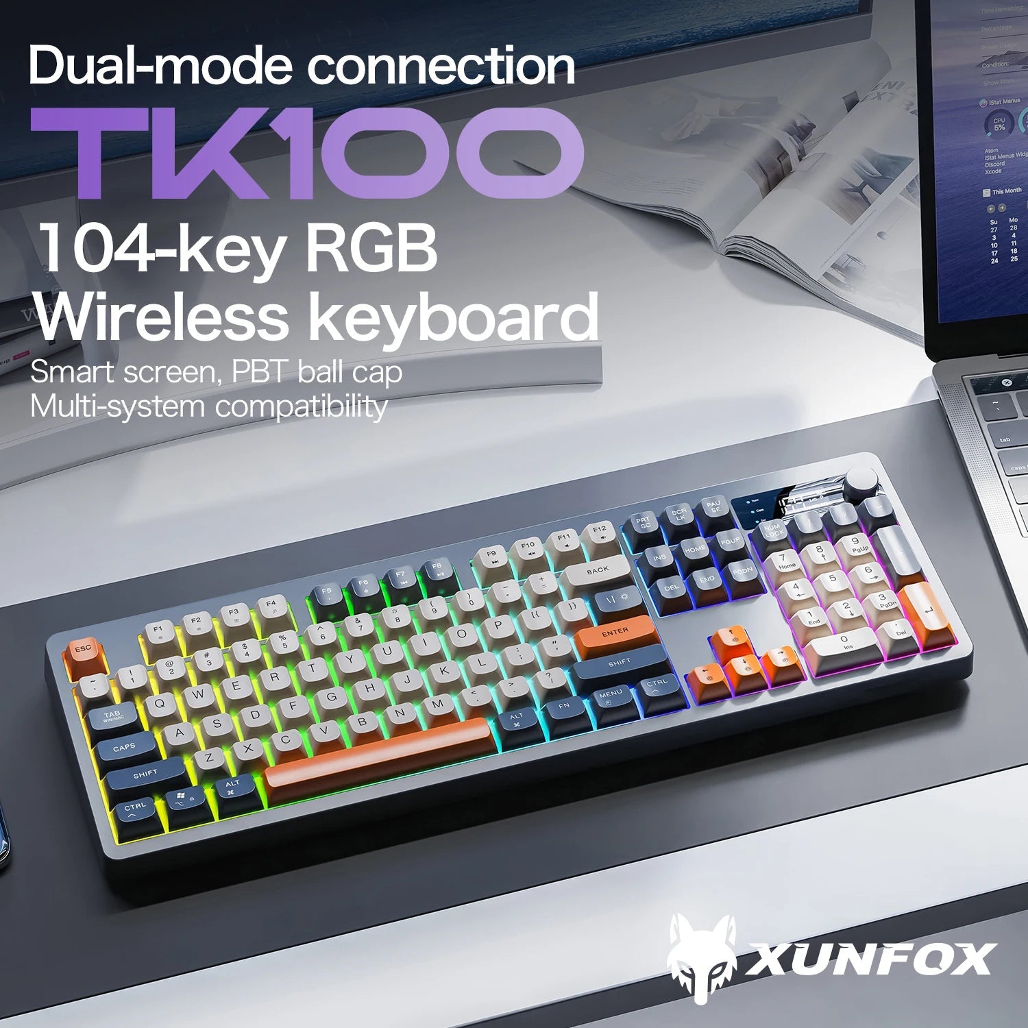 Xunfox TK100 Bluetooth wireless dual-mode keyboard desktop laptop office E-Sports gaming RGB light effect charging robot feel Ai-TechWorld   ai-techworld