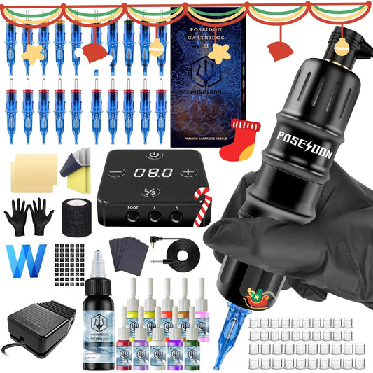 Tattoo Kit POSEIDON Hot New Tattoo Pen Kit For Permanent Makeup Tattoo Machine Kit Black Wired Tattoo Power Supply Tattoo Gun Ki Ai-TechWorld 