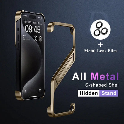 S-Shaped Metal Geometric Rimless Phone Case For iPhone 14 15 16 Pro Max 16ProMax Aluminum Alloy Hidden Stand Bracket Cover Funda Ai-TechWorld 