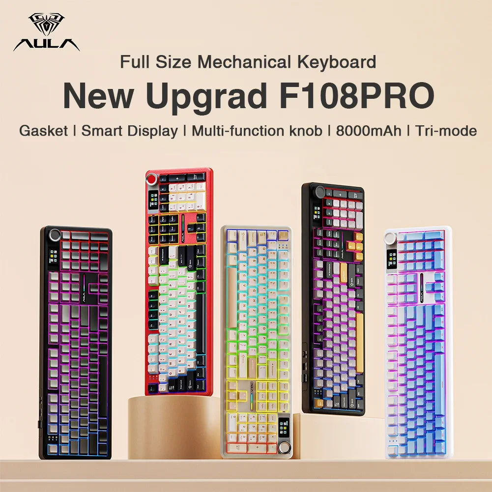 AULA F108pro Wireless Bluetooth Keyboard Macro Gaming keyboard Gasket Hot-swap Full Size Keyboard with TFT Smart Display Ai-TechWorld   ai-techworld