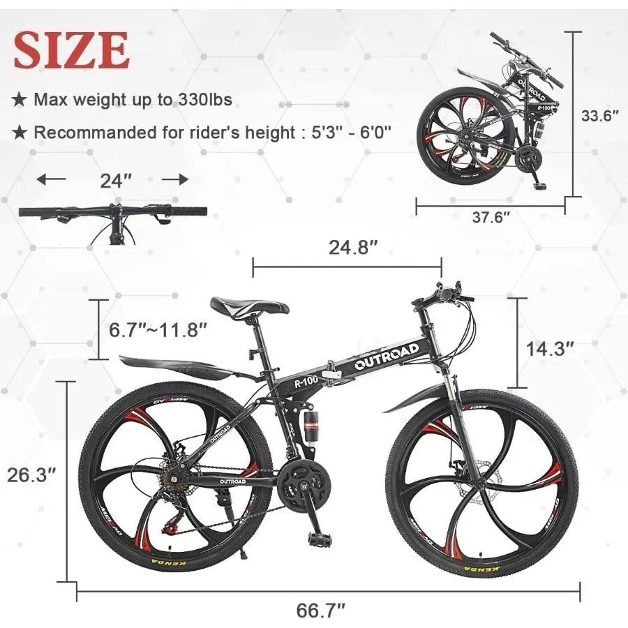 26 Inch Folding Mountain Bike with High Carbon Steel 21 Speed City Bike with Dual Suspension Folding Bicycle for Adults Men and Ai-TechWorld 