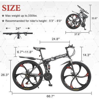 26 Inch Folding Mountain Bike with High Carbon Steel 21 Speed City Bike with Dual Suspension Folding Bicycle for Adults Men and Ai-TechWorld 