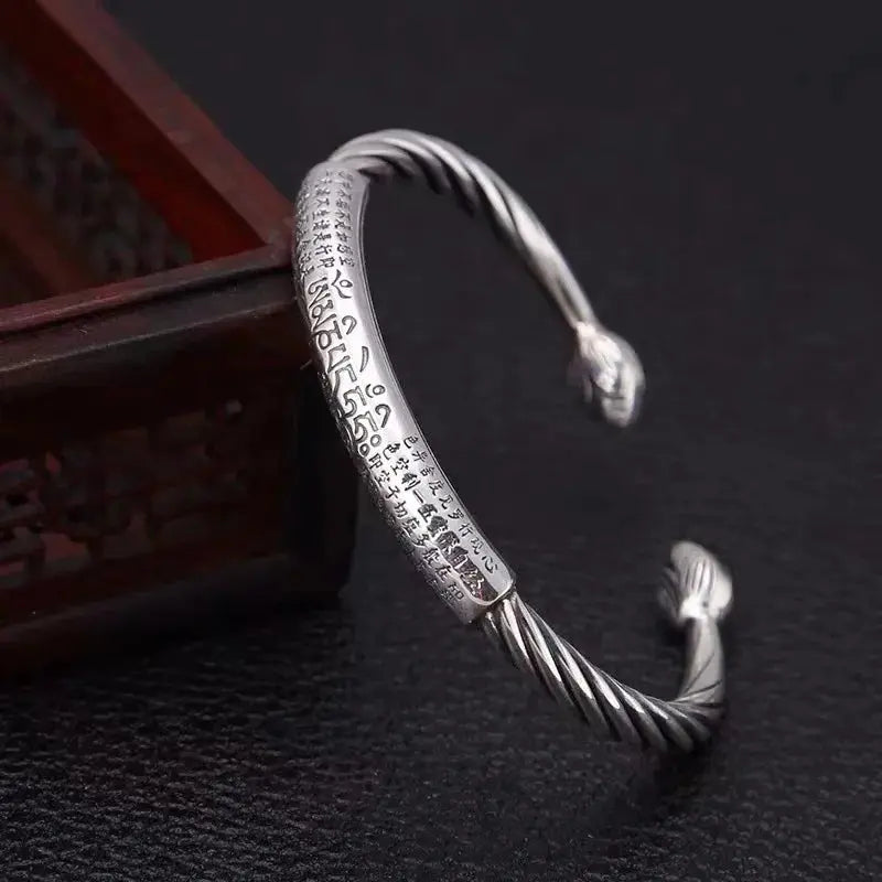 Retro Tibetan Six-Character Mantra Bracelet Scripture Lotus Opening Silver Plated Bracelet Twisted Line Men\\\'s Cuff Bracelet Ai-TechWorld 