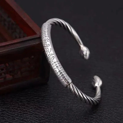 Retro Tibetan Six-Character Mantra Bracelet Scripture Lotus Opening Silver Plated Bracelet Twisted Line Men\\\'s Cuff Bracelet Ai-TechWorld 