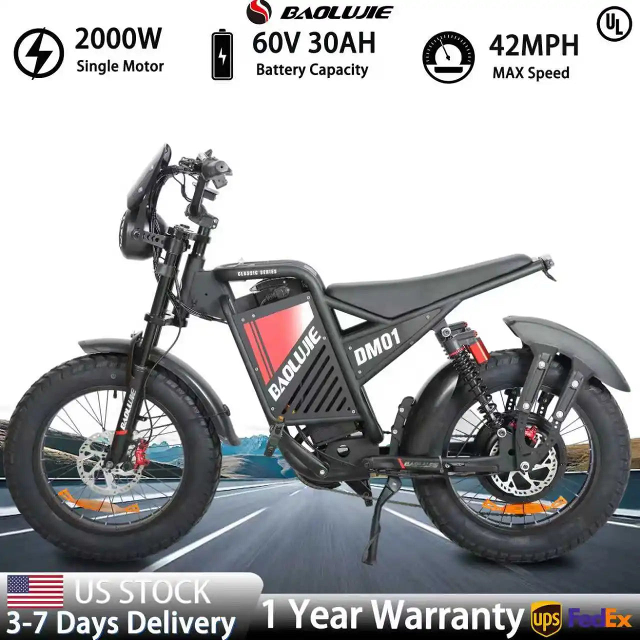 【1 Year Warranty】BAOLUJIE DM01 Electric Bike for Adult 2000W Motor Electric Bike 60V 30AH Moto 42MPH City Commuter Electric Bike Ai-TechWorld 
