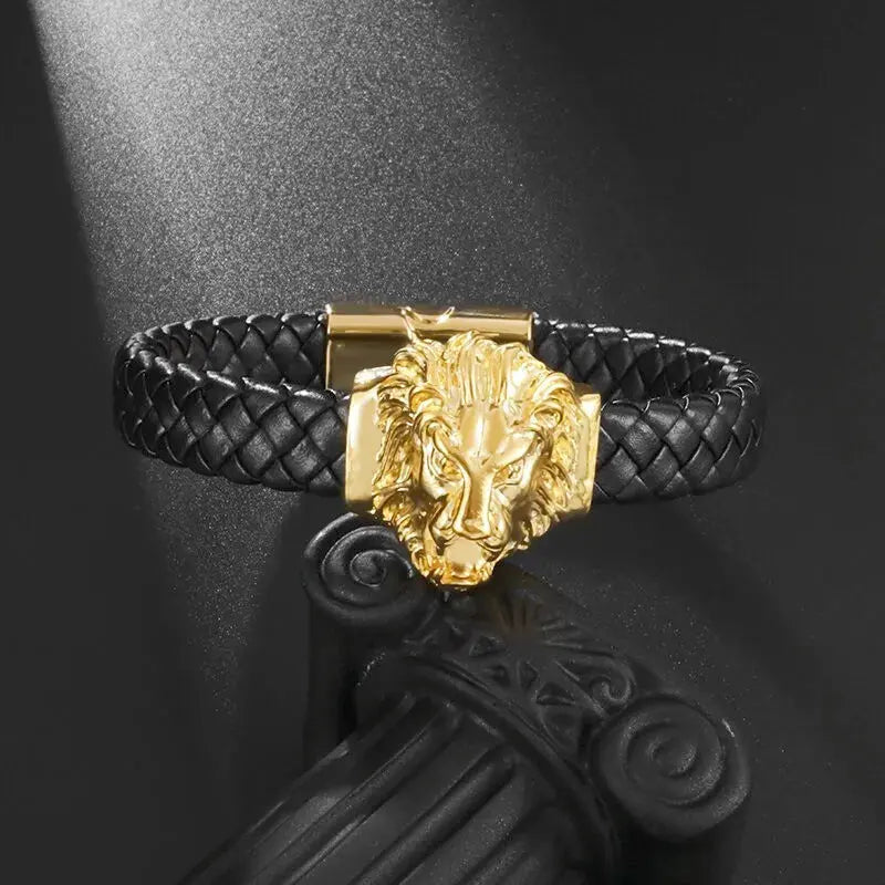 Domineering Lion Head Animal Hand-Woven Single-Layer Leather Magnetic Bracelet Hip-Hop Men's Trendy Jewelry Ai-TechWorld 