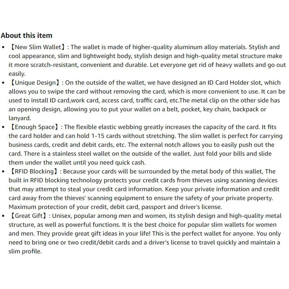 Wallet for Men Slim Aluminum Metal Money Clip with 1 Clear Window ID Badge Holder RFID Blocking Holds Up 15 Cards with Cash Clip Ai-TechWorld 