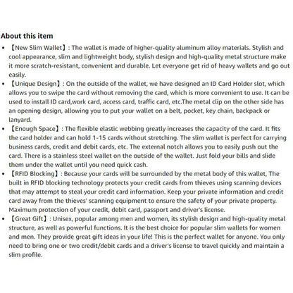 Wallet for Men Slim Aluminum Metal Money Clip with 1 Clear Window ID Badge Holder RFID Blocking Holds Up 15 Cards with Cash Clip Ai-TechWorld 