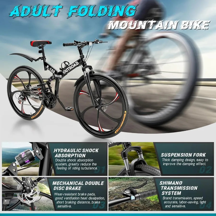 26 Inch Folding Mountain Bike with 21 Speeds and Full Suspension for Adults Featuring Dual Disc Brakes High Carbon Steel Frame Ai-TechWorld 