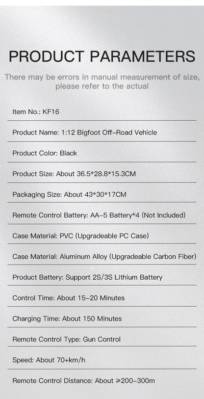 KF16 1:12 High Speed Drift Racing 70KM/H Brushless Motor 4WD 3S 3200mah RC Off Road Car Monster Trucks Toys for For Kids Gifts Ai-TechWorld 