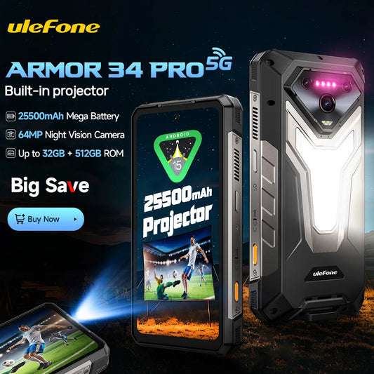 【World Premiere】Ulefone Armor 34 Pro 5G AI Rugged Phone 25500mAh Up to 32GB+512GB Built-in Projector 120Hz 6.95" NFC Smartphone Ai-TechWorld 