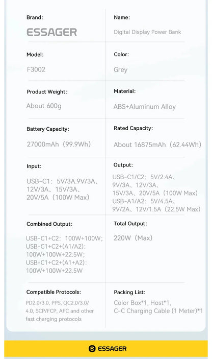 Essager 27000mAh Power Bank 220W PD Fast Charging Fast Charge External Battery Portable PowerBank For iPhone Macbook Pro Laptop Ai-TechWorld 