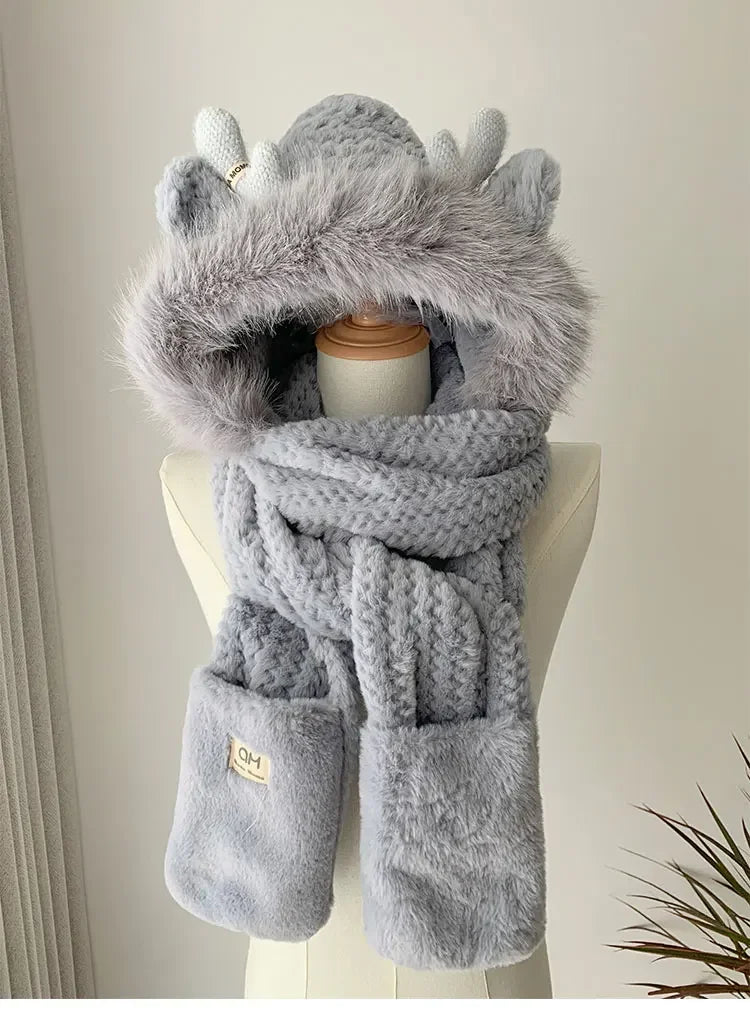 Fashion Elk Antlers Plush Hat Scarf Gloves Women's Winter Ear Protector Thickened Lei Feng Hat Cycling Ski Cap Wind Proof Ai-TechWorld 