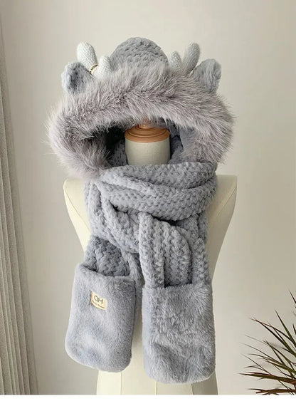 Fashion Elk Antlers Plush Hat Scarf Gloves Women's Winter Ear Protector Thickened Lei Feng Hat Cycling Ski Cap Wind Proof Ai-TechWorld 