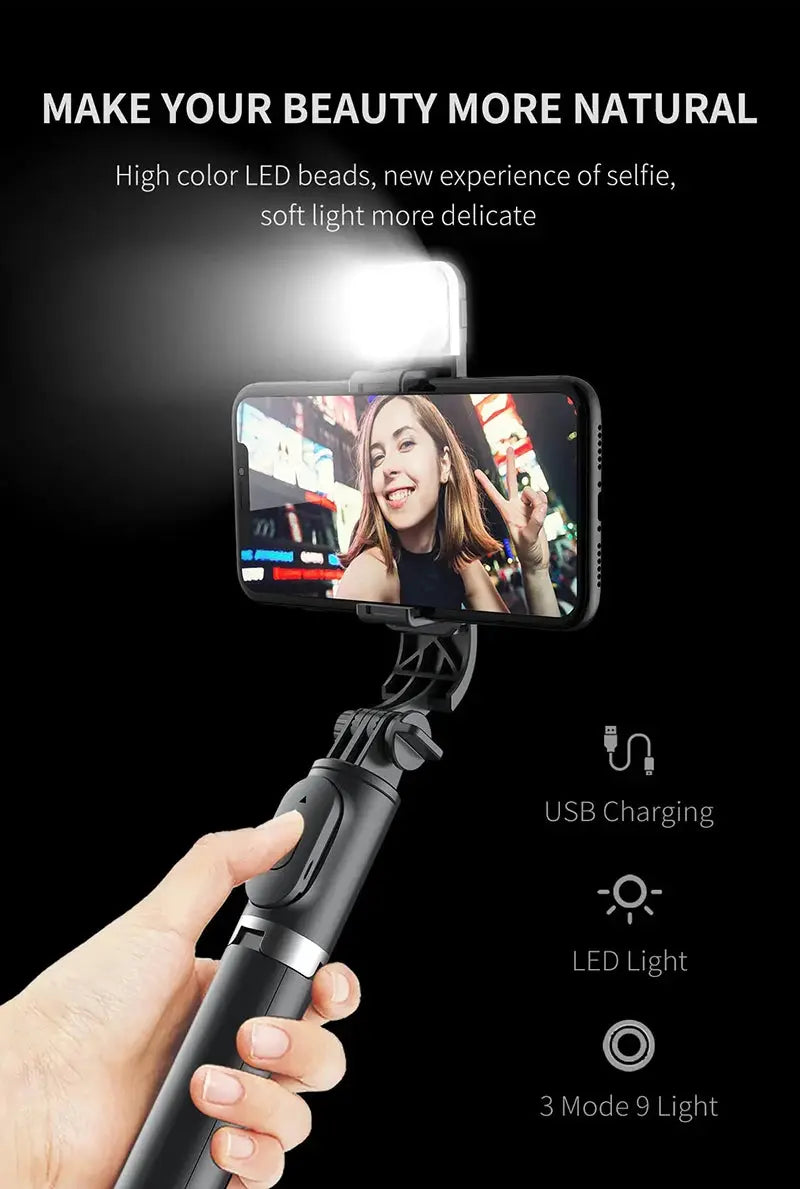 Selfie Stick With Wireless Bluetooth LED Fill Light Extended Tripod Ai-TechWorld 