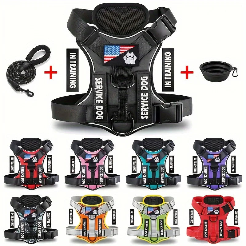 Service Dog Harness & Leash Set with 1pc Folding Bowl Reflective Adjustable Dog Vest Harness Soft Oxford Pet Harness For Small M Ai-TechWorld 