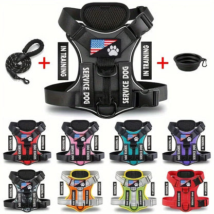 Service Dog Harness & Leash Set with 1pc Folding Bowl Reflective Adjustable Dog Vest Harness Soft Oxford Pet Harness For Small M Ai-TechWorld 