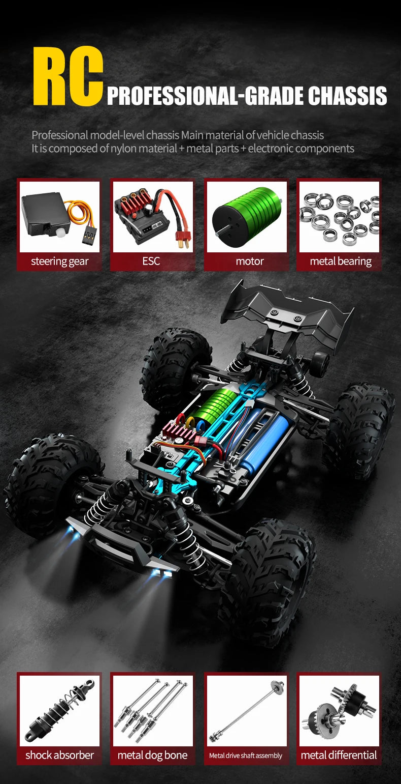 Teeggi 16101 /16102 PRO 1:16 High Speed RC Car With LED Light Drift 70KM/H 4WD RC Off-Road Car Monster Truck Toy For Kid Gifts Ai-TechWorld 