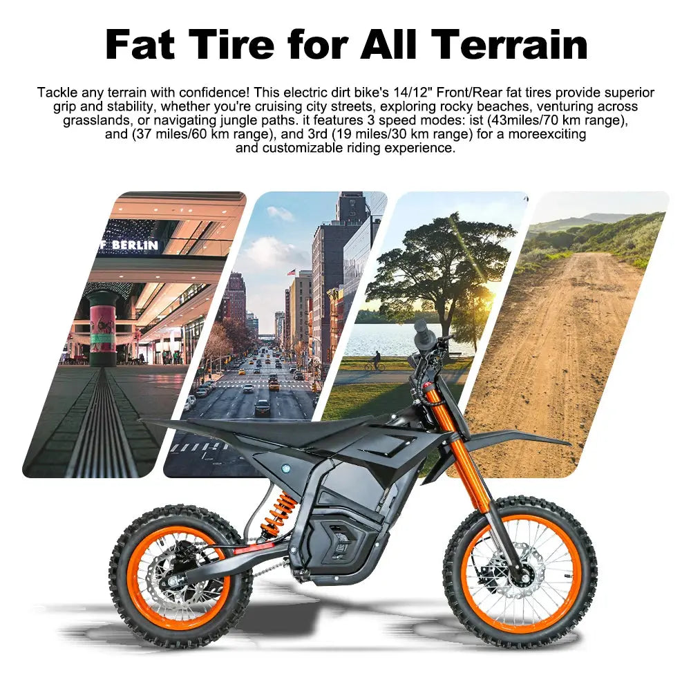 Electric Motocross Bike 3000W, 28Mph, 50 Miles, Urban Commuting Off-Road Electric Bike, 14" 48V 21AH, Full Suspension Ai-TechWorld 