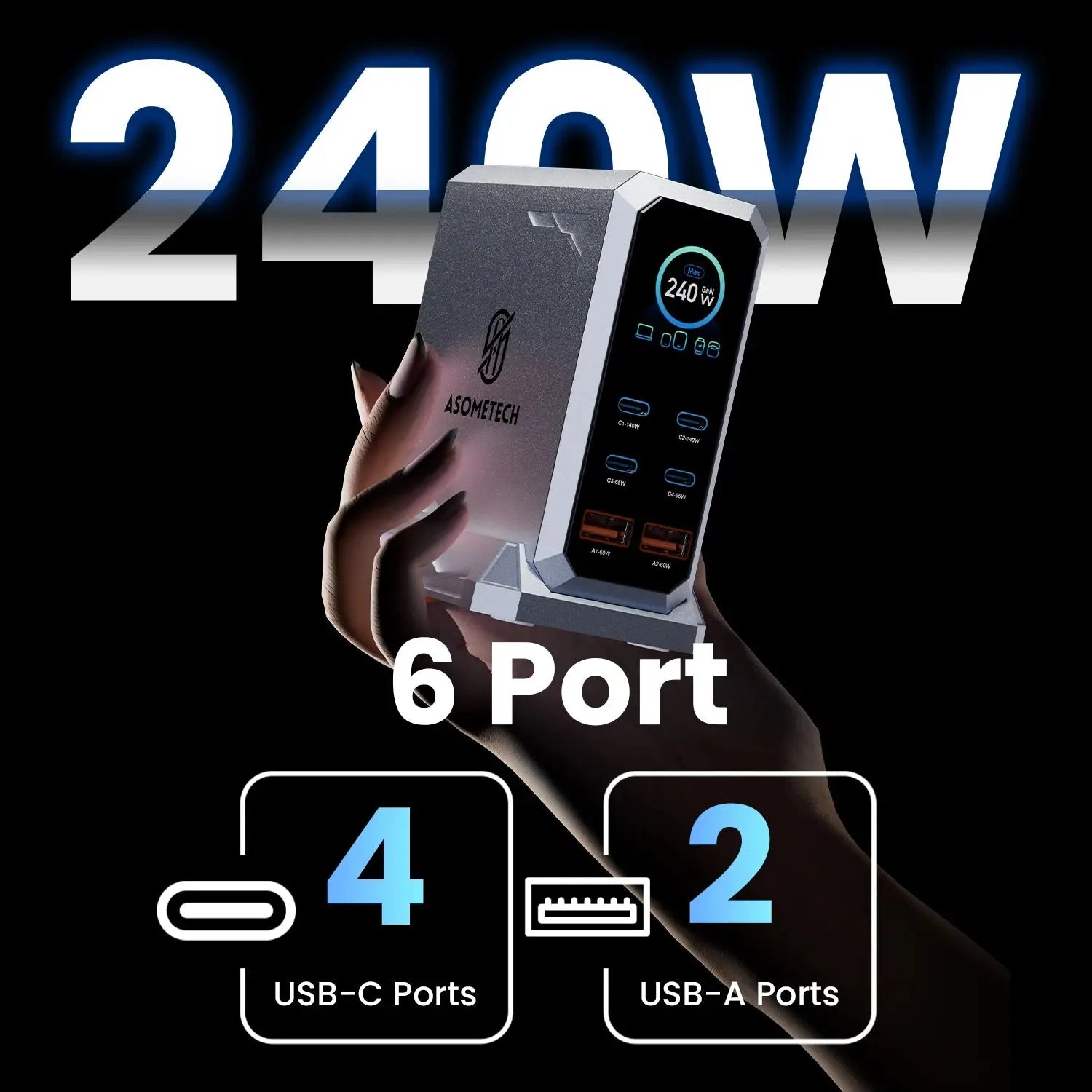 240W GaN Charger PD3.1 140W USB Type C 6 Ports PPS PD Desktop Fast Charging Station for MacBook Laptops Tablet iPhone Samsung Ai-TechWorld 