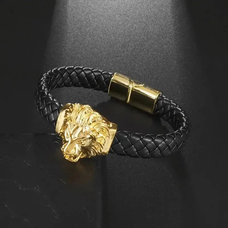 Domineering Lion Head Animal Hand-Woven Single-Layer Leather Magnetic Bracelet Hip-Hop Men's Trendy Jewelry Ai-TechWorld 