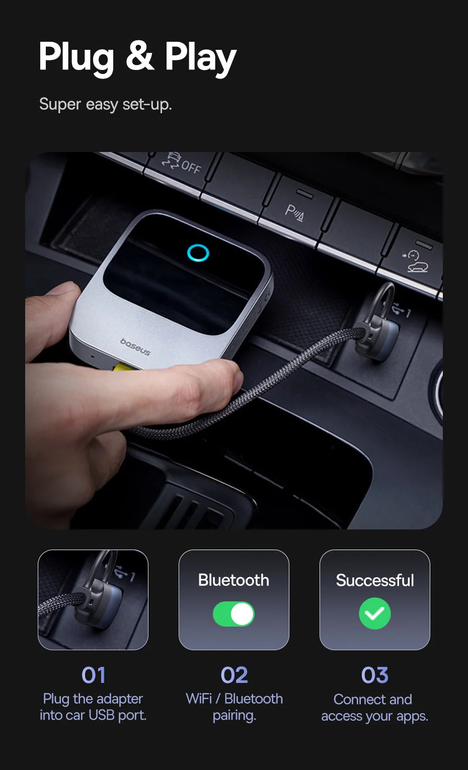 Baseus Wireless CarPlay Wired to Wireless CarPlay Adapter Auto Connect Car Intelligent Systems Plug&Play Bluetooth Smart CarPlay Ai-TechWorld 