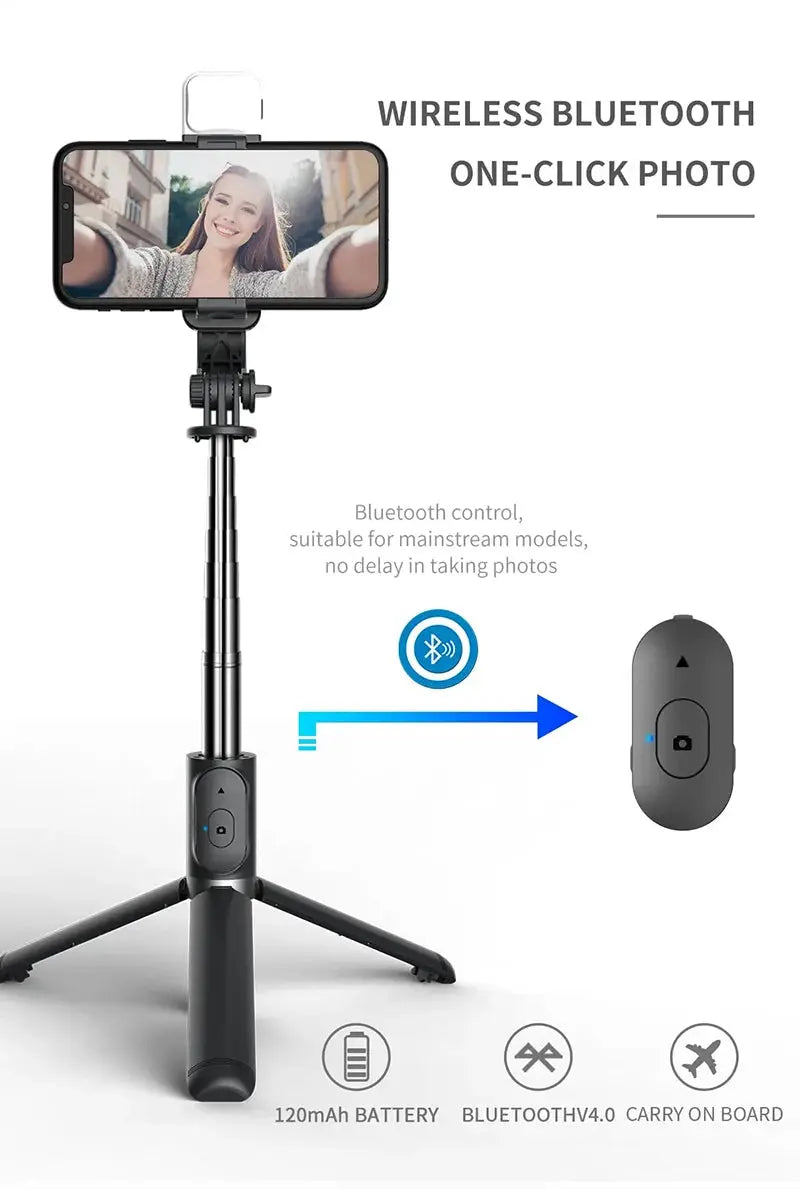 Selfie Stick With Wireless Bluetooth LED Fill Light Extended Tripod Ai-TechWorld 
