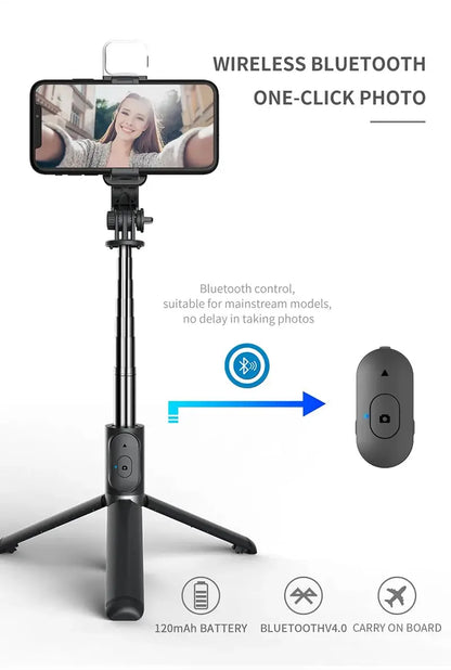 Selfie Stick With Wireless Bluetooth LED Fill Light Extended Tripod Ai-TechWorld 