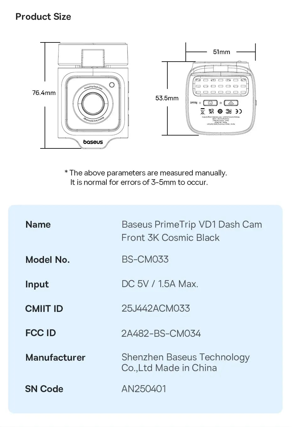 Baseus 3K Dash Cam VD1 Front and Rear Cam HD Built-in GPS Galileo Supercapacitor Car DVR Car Camera Recorder Support 24H Parking Ai-TechWorld 