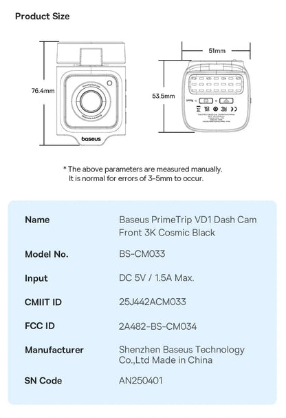 Baseus 3K Dash Cam VD1 Front and Rear Cam HD Built-in GPS Galileo Supercapacitor Car DVR Car Camera Recorder Support 24H Parking Ai-TechWorld 