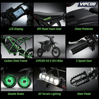VIPCOO H3 Electric Motorcycle 3500W Motor 48V23AH Battery 63KM/H Max Speed 40-70KM Range Hydraulic Brakes Electric Mountain Bike Ai-TechWorld 