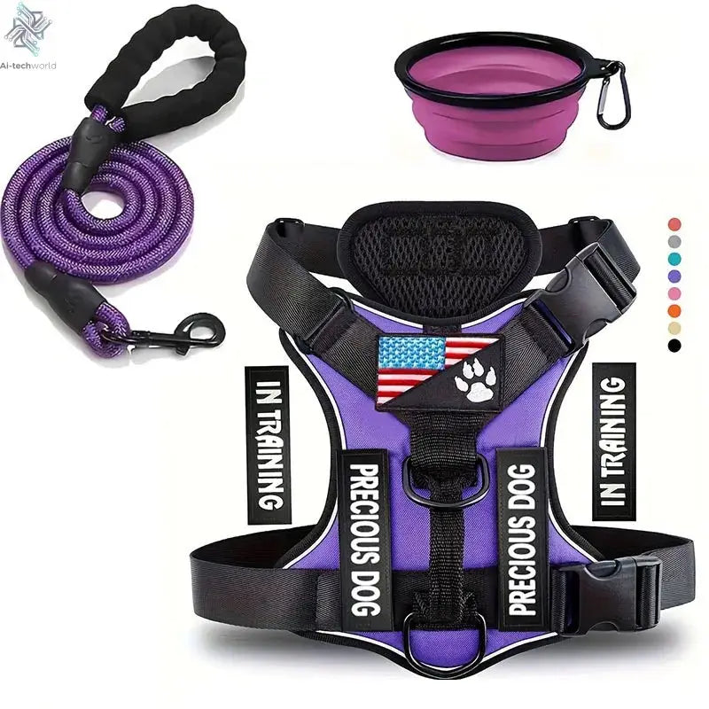 Service Dog Harness & Leash Set with 1pc Folding Bowl Reflective Adjustable Dog Vest Harness Soft Oxford Pet Harness For Small M Ai-TechWorld 