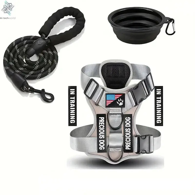 Service Dog Harness & Leash Set with 1pc Folding Bowl Reflective Adjustable Dog Vest Harness Soft Oxford Pet Harness For Small M Ai-TechWorld 