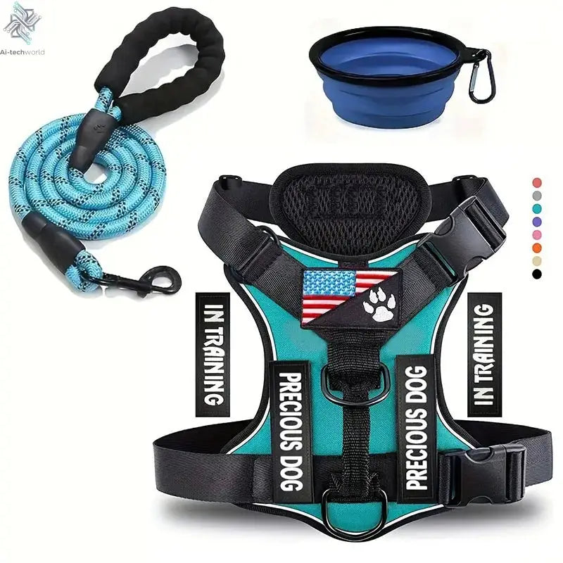 Service Dog Harness & Leash Set with 1pc Folding Bowl Reflective Adjustable Dog Vest Harness Soft Oxford Pet Harness For Small M Ai-TechWorld 
