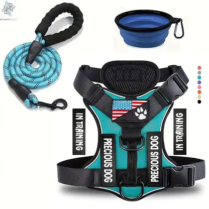 Service Dog Harness & Leash Set with 1pc Folding Bowl Reflective Adjustable Dog Vest Harness Soft Oxford Pet Harness For Small M Ai-TechWorld 
